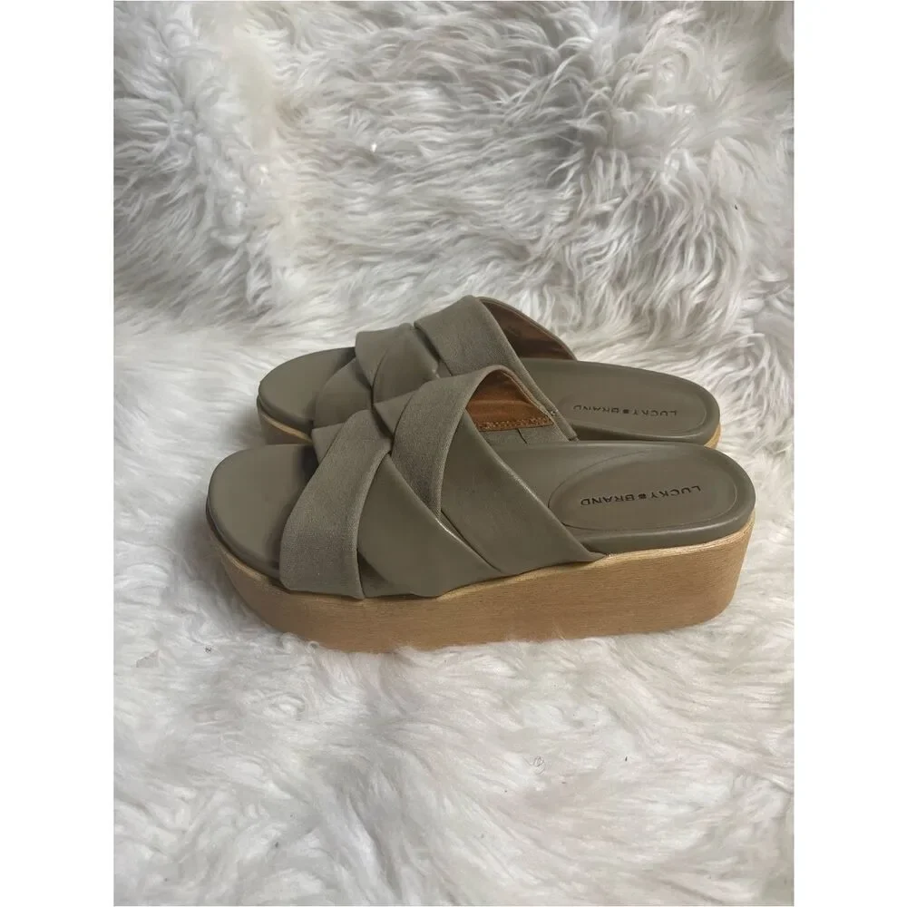 Lucky Brand Taupe Woven Platform Slide Sandals
